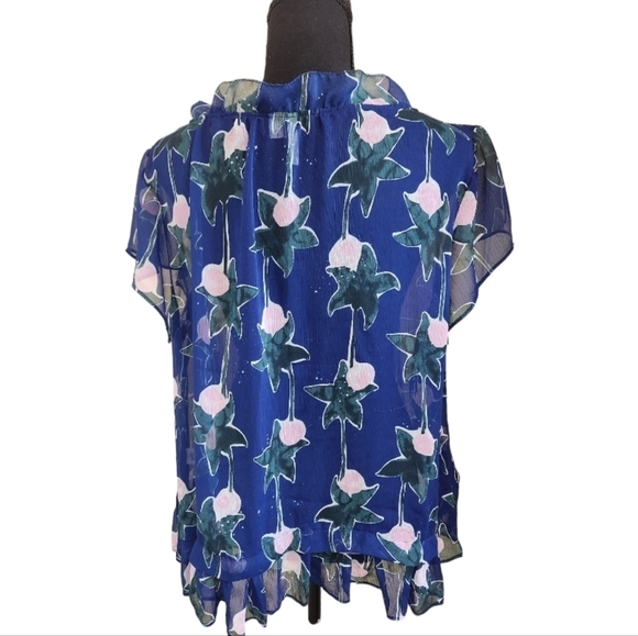 ELLE sheer ruffled flowy blouse blue teal pink size large - Picture 5 of 5